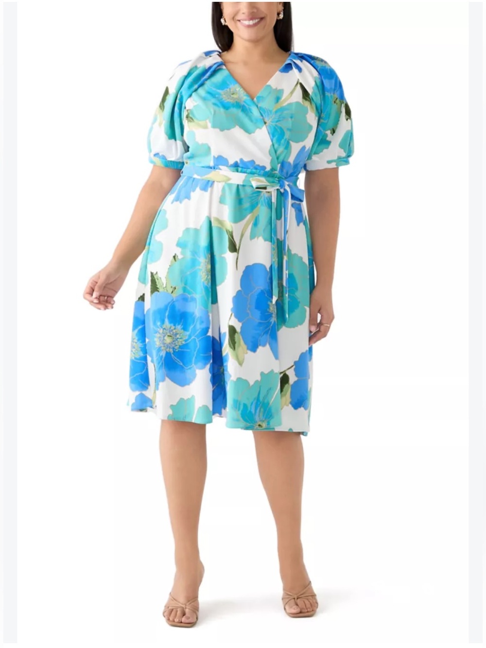 NEW! Madison Tara Aqua Blue & Cream Floral Puff Sleeve Midi Dress
